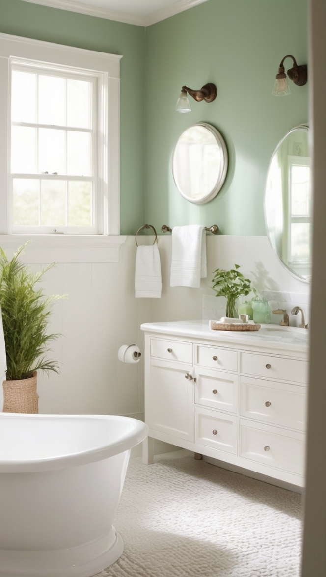 green bathroom decor, white bathroom tiles, eco-friendly bathroom accessories, luxury bathroom fixtures, minimalist bathroom design