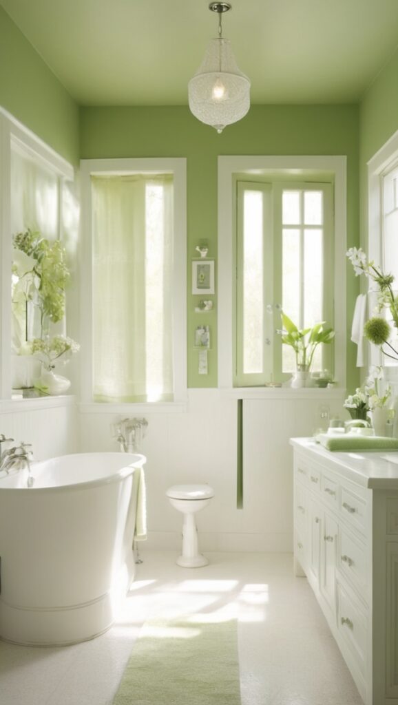 green bathroom decor, white bathroom tiles, eco-friendly bathroom accessories, luxury bathroom fixtures, minimalist bathroom design