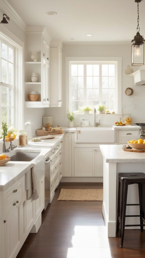 white kitchen cabinets, farmhouse sink, rustic kitchen decor, farmhouse style kitchen, kitchen island