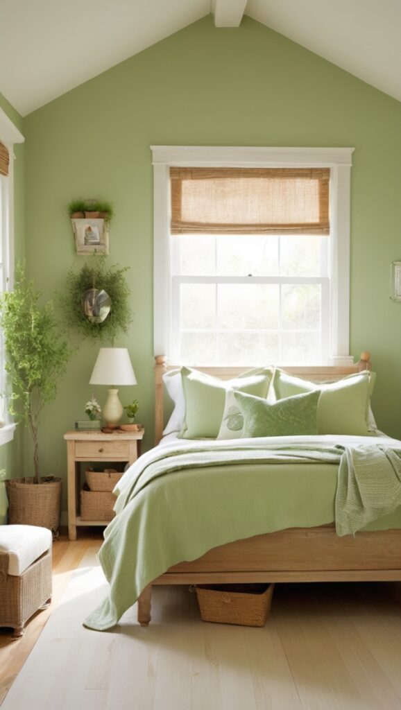 green bedding, farmhouse decor, bedroom furniture, rustic accents, vintage textiles